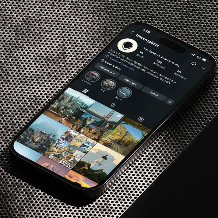 Smartphone showing a dark app interface with a grid of travel photos