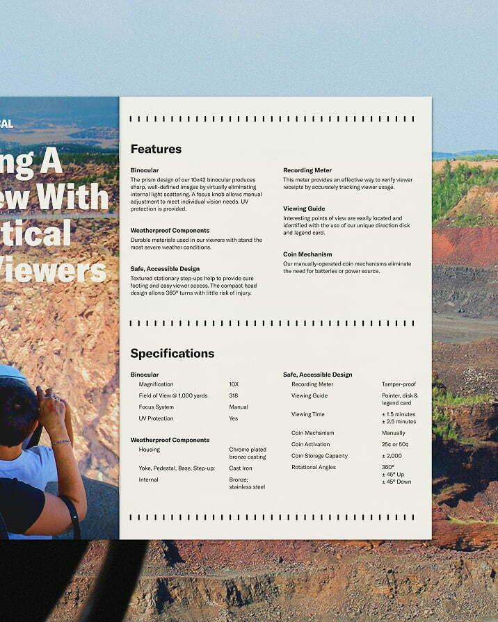 Tall product information poster with sections for features and specifications