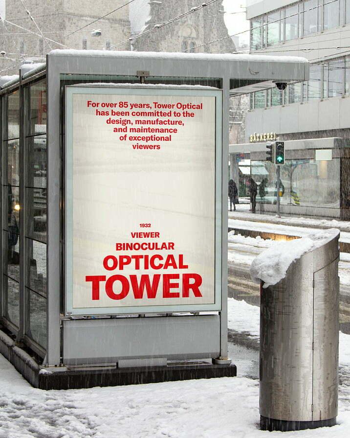Outdoor advertising kiosk for Tower Optical in a snowy plaza