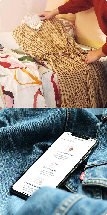 Striped dress on a bed above, smartphone showing clothing app on denim below