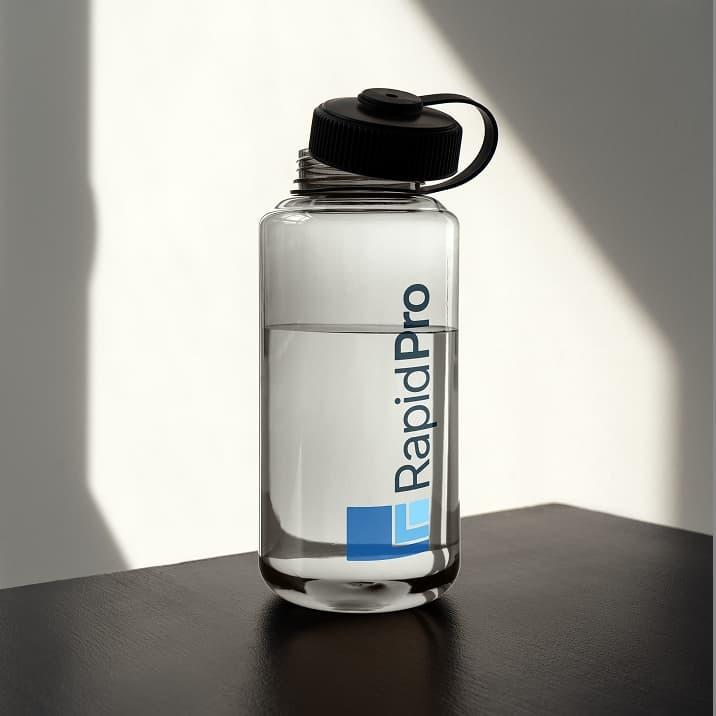 Clear RapidPro water bottle with black cap on a dark table in sunlight
