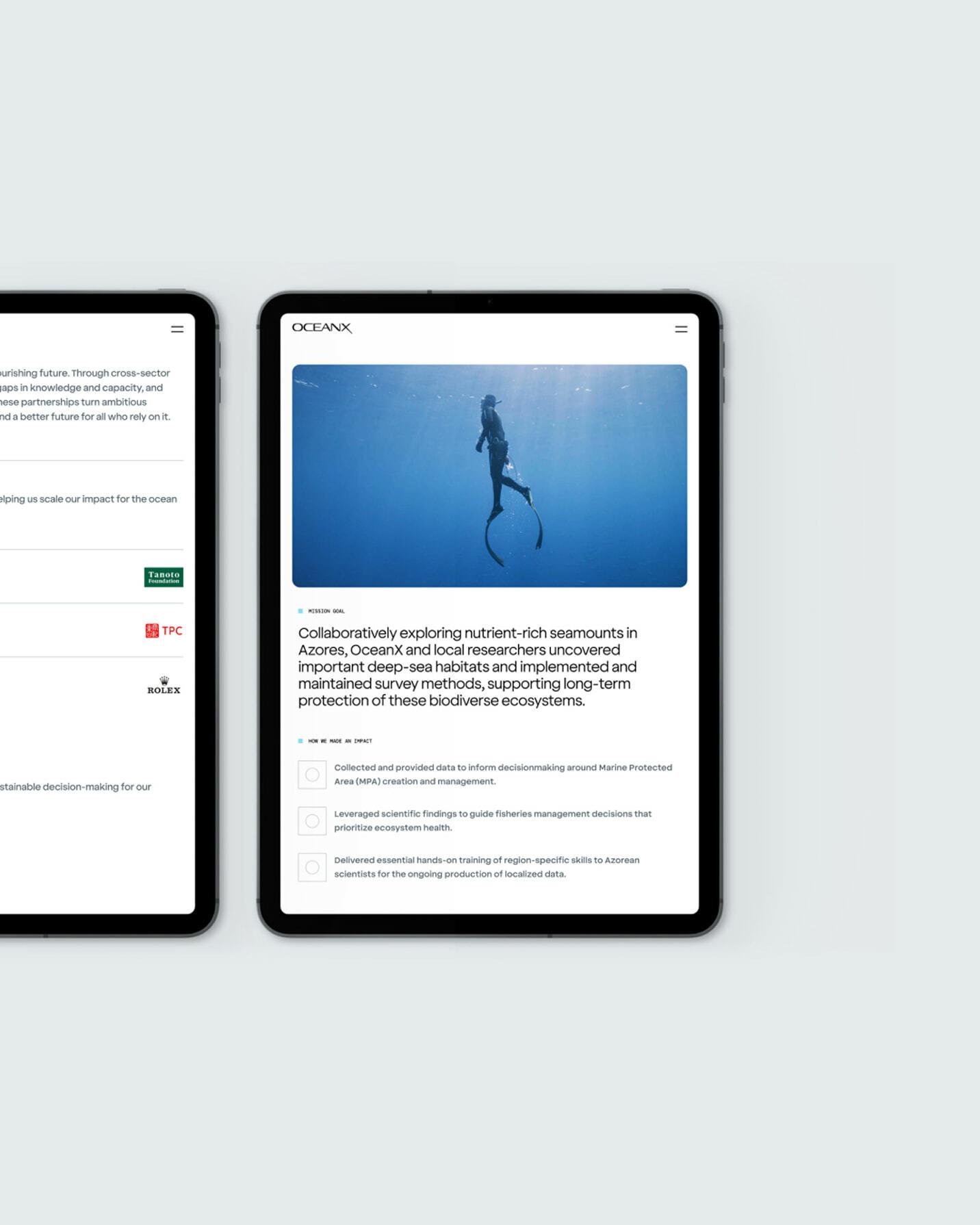 Tablet showing an OceanX article about seamount exploration and biodiversity