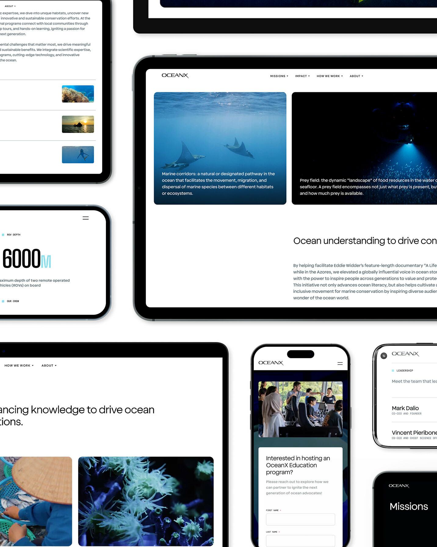 Multiple device mockups showing OceanX website pages and ocean content