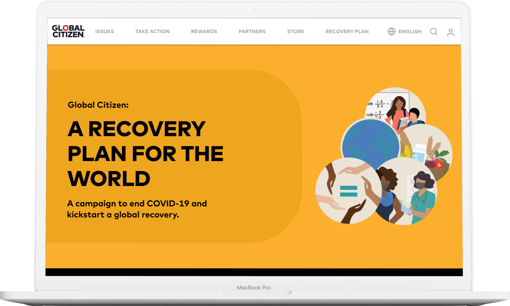 Laptop displaying Global Citizen recovery plan webpage on an orange background