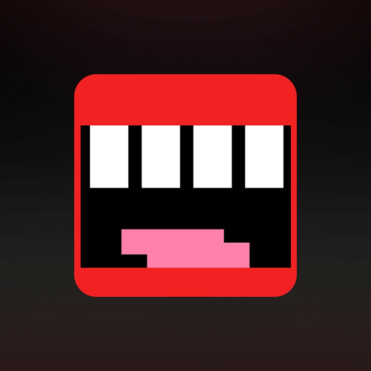 Red square icon with black field, white vertical bars, and pink blocks
