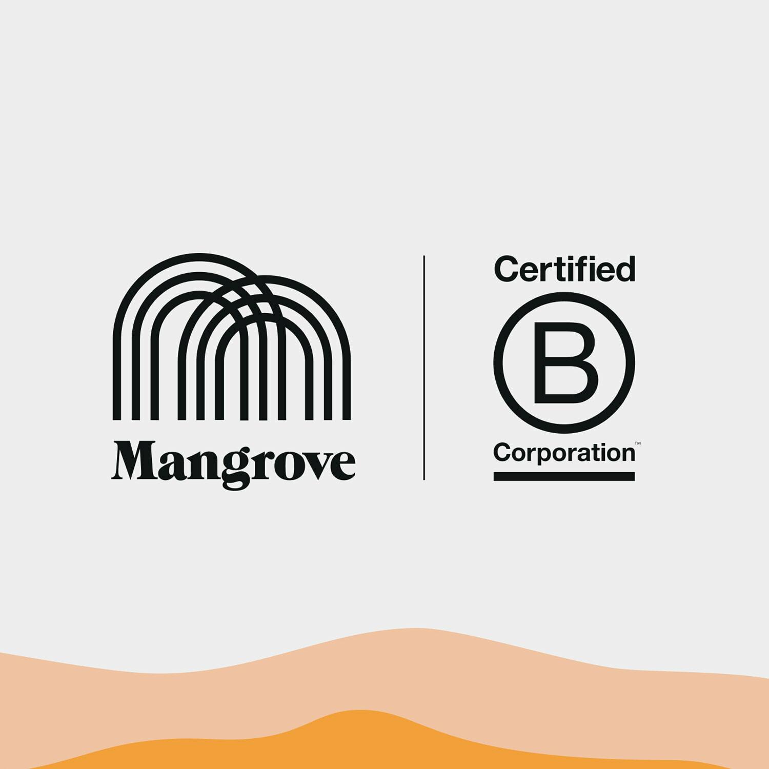 Mangrove logo beside Certified B Corporation logo over wavy orange shapes