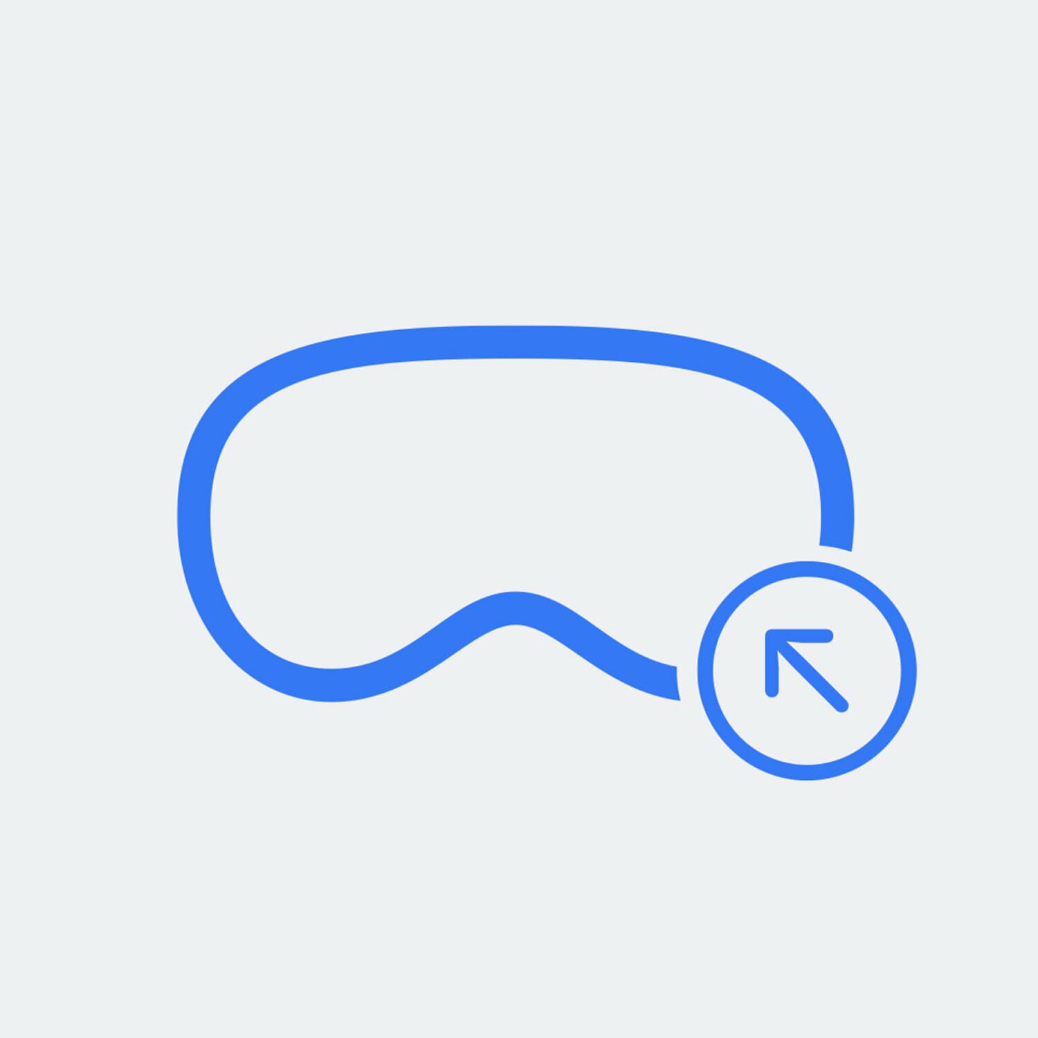 Blue outline icon of a VR headset with an arrow badge