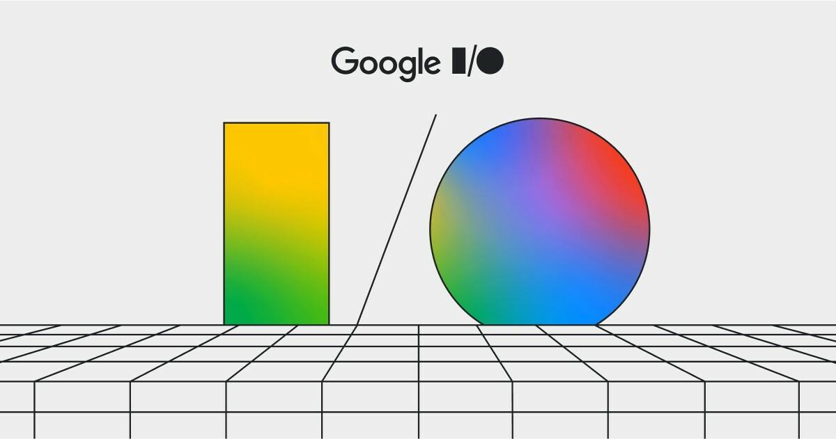Google I/O graphic with colorful rectangle, circle, and grid floor
