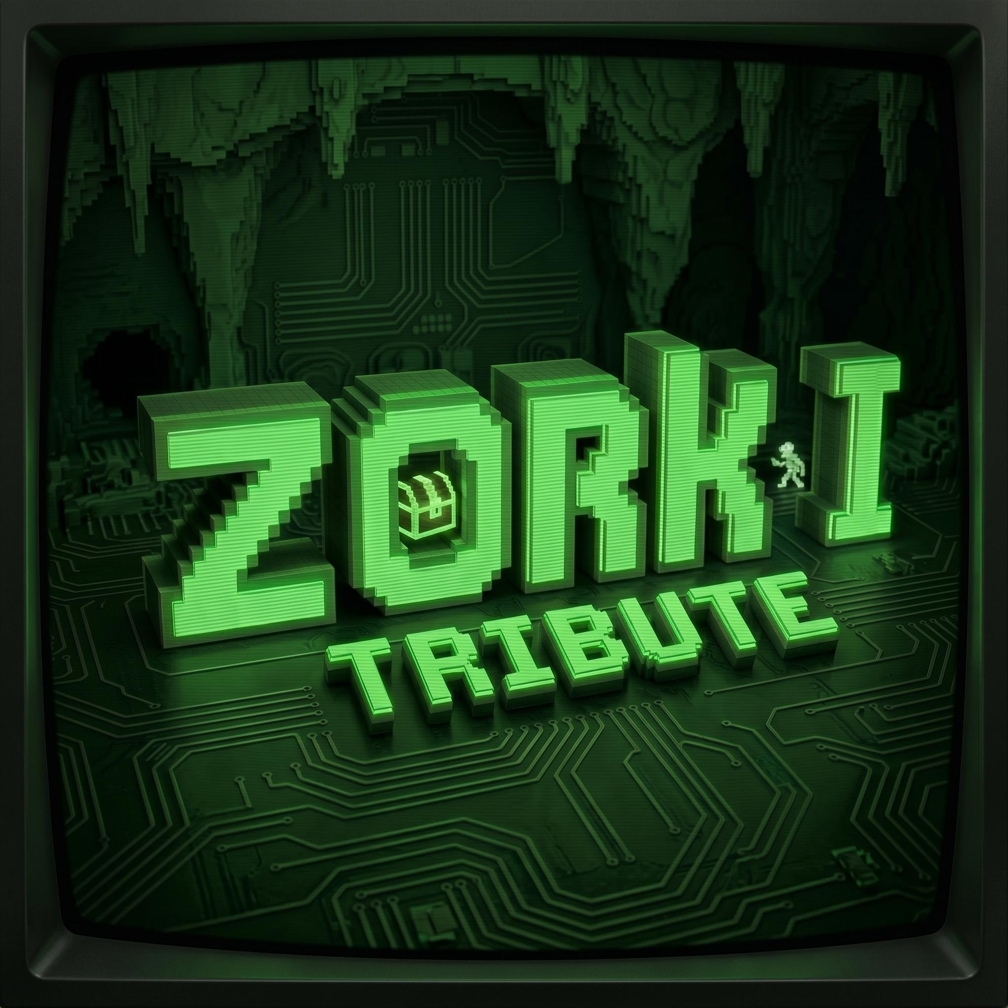 Green 3D text reading "Zork I Tribute" on a retro computer screen with circuit board background