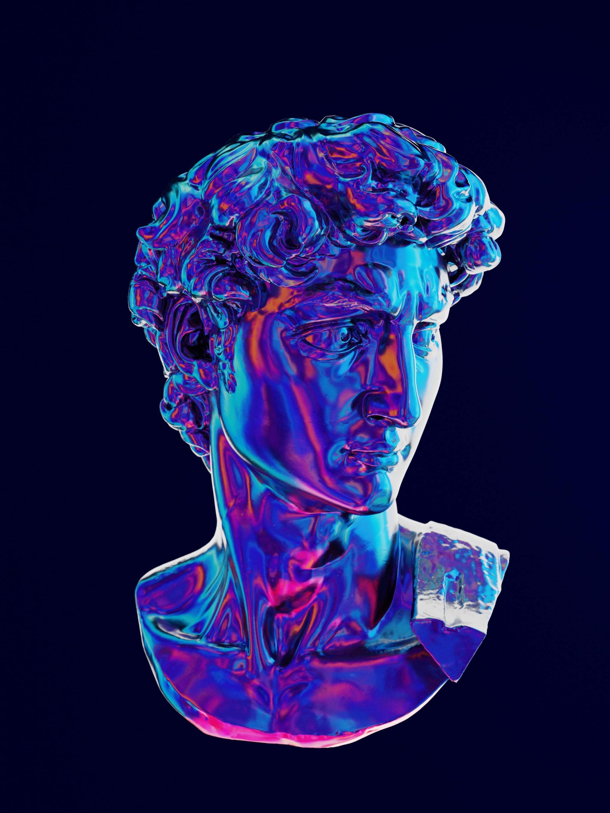 Iridescent classical bust sculpture on a dark background