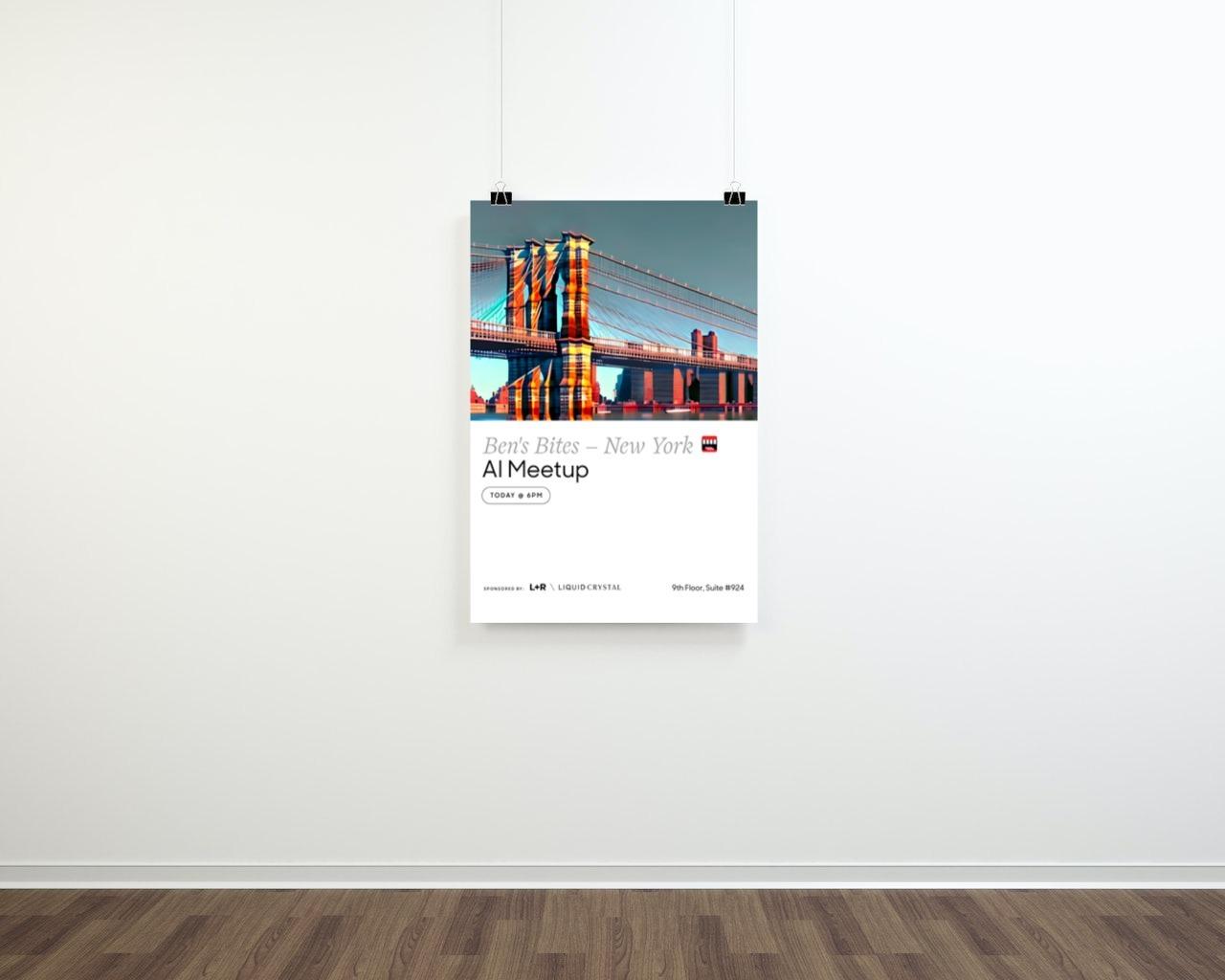 Meetup event poster hanging on a white wall above wood flooring