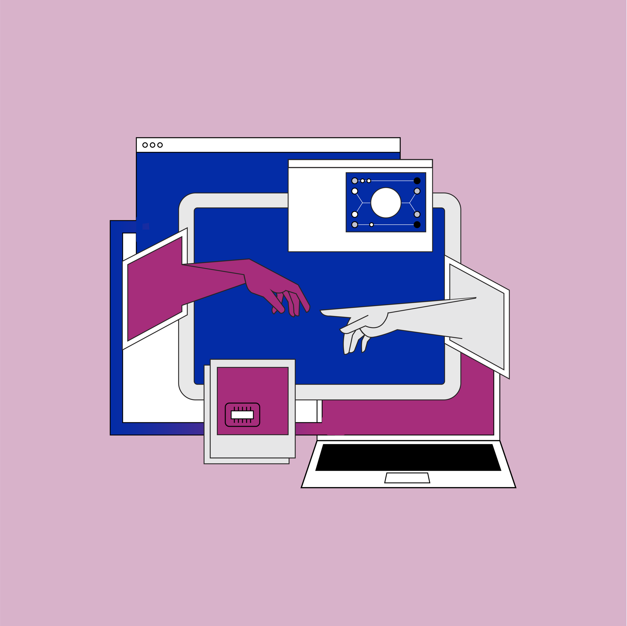 Two hands reach toward each other out of stacked browser windows and screens