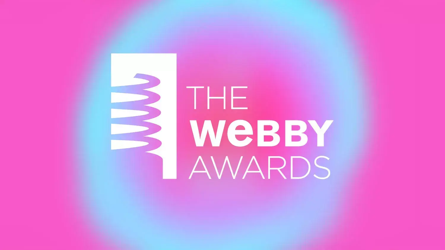 The Webby Awards white logo on a pink and blue gradient background