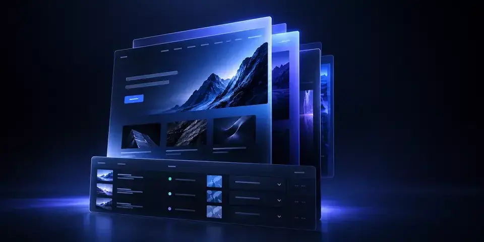 Mobile crop of layered Webflow Enterprise website screens and a structured content panel on a dark blue background