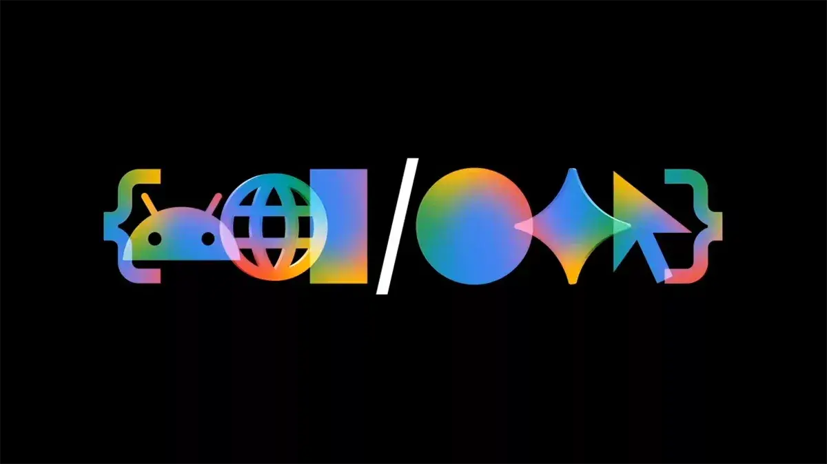 Google I/O graphic made from colorful tech icons on black