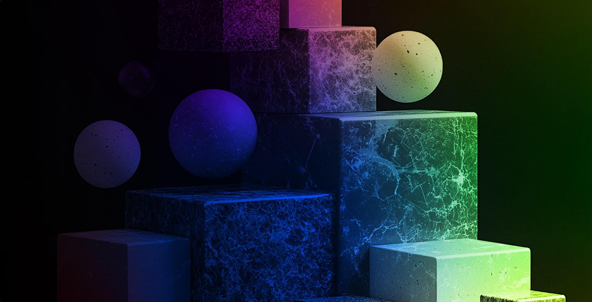 Stacked geometric blocks and spheres under colorful lighting