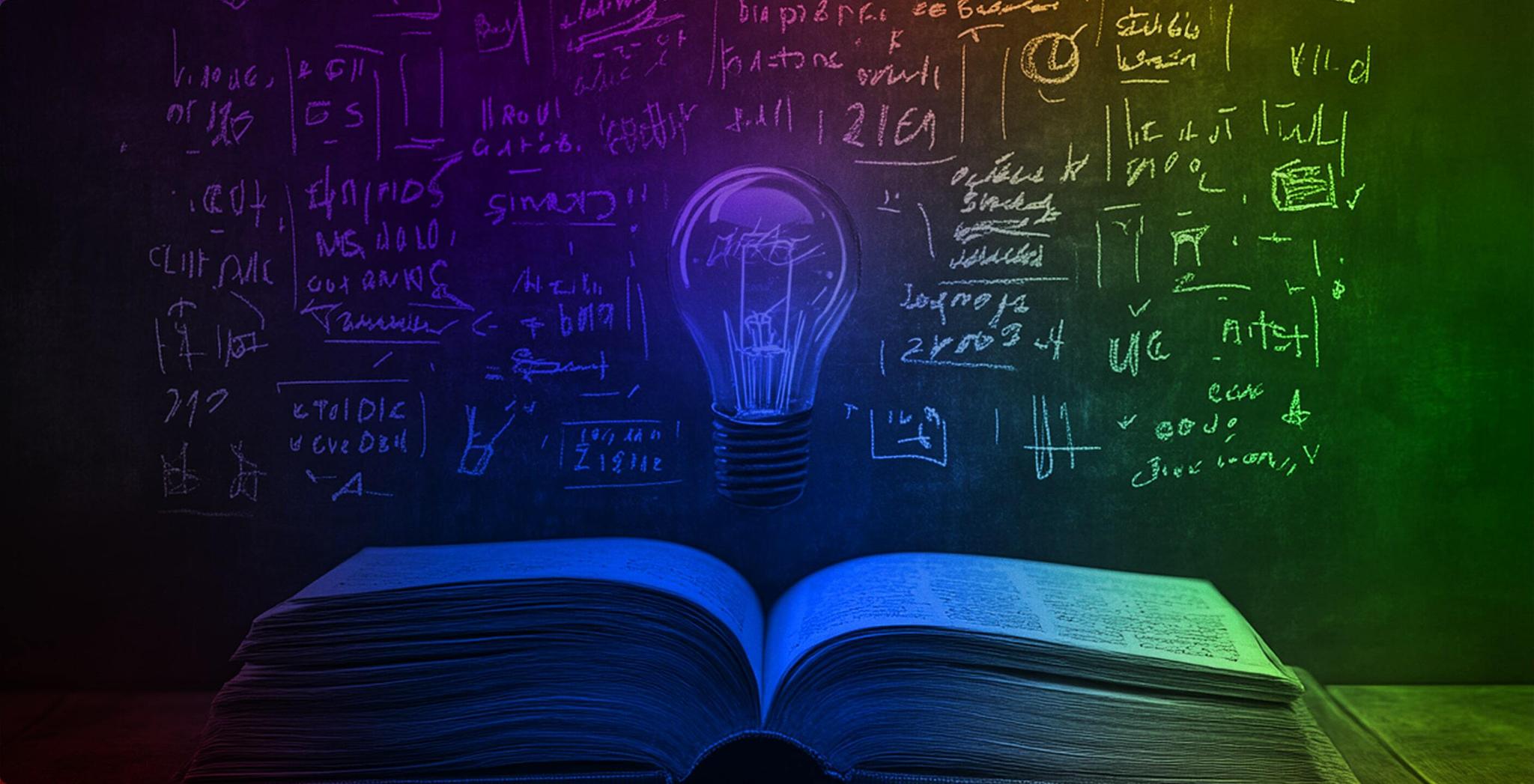 Open book with a light bulb in front of handwritten equations