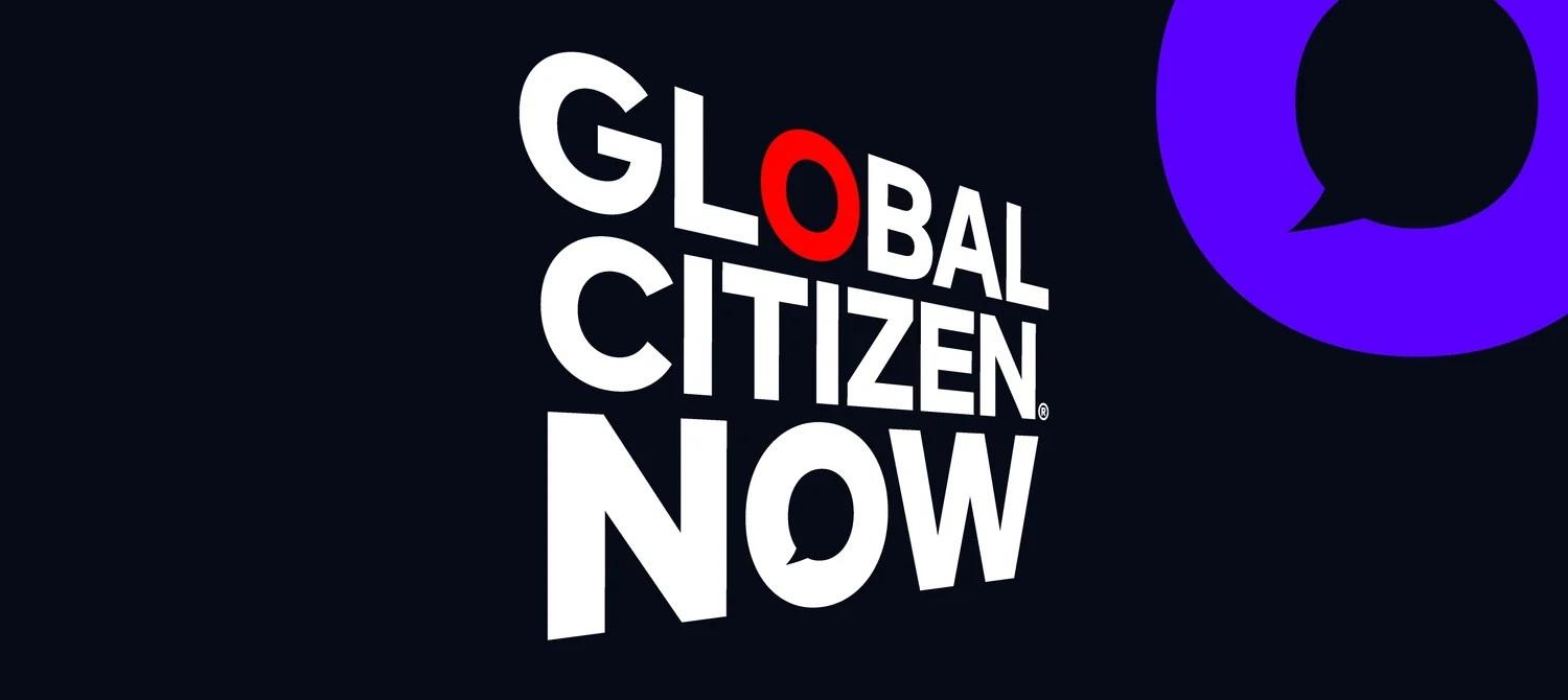 Global Citizen NOW wordmark beside a purple speech-bubble icon on a dark background