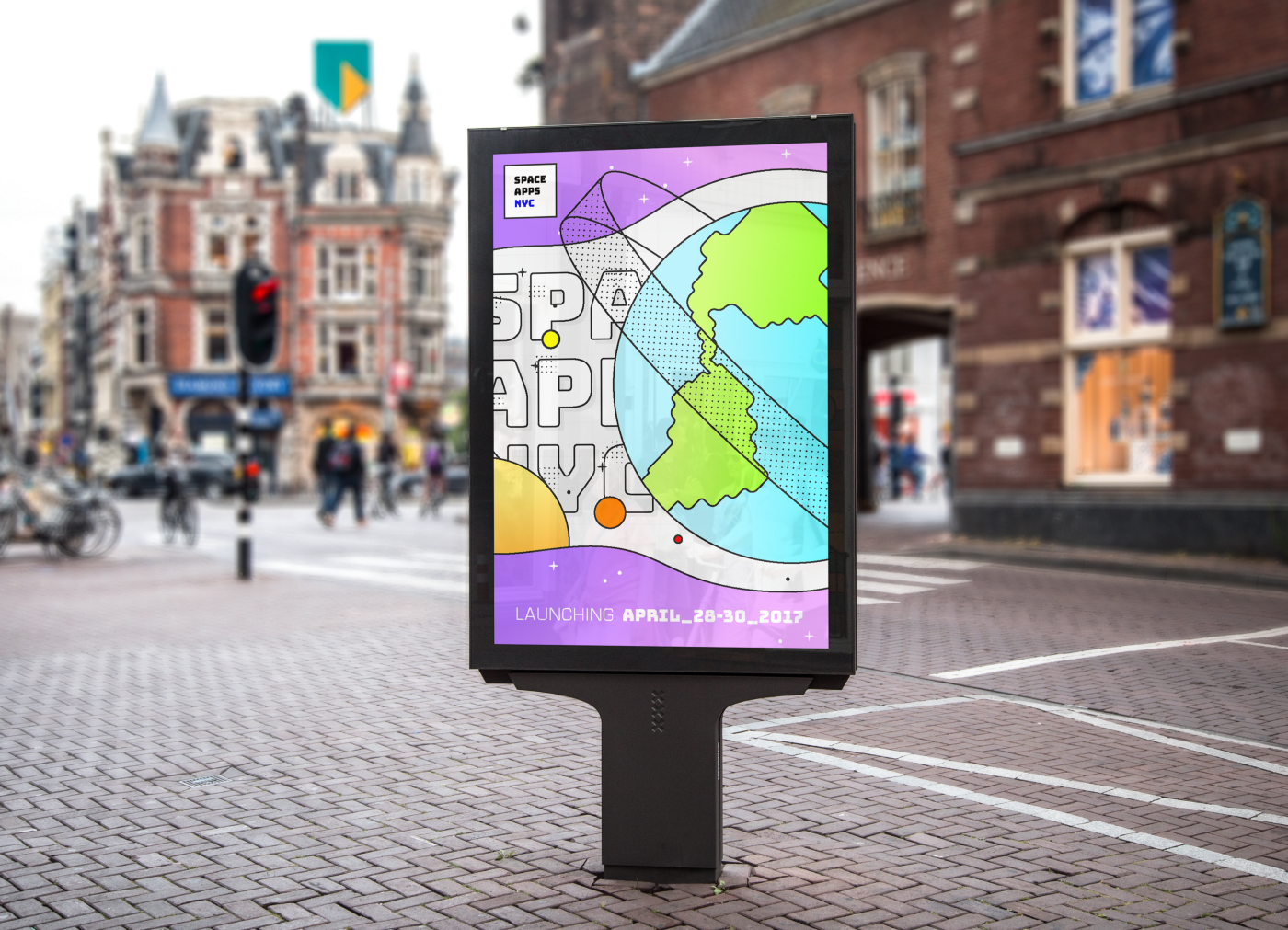 Street poster advertising Space Apps NYC on a city sidewalk