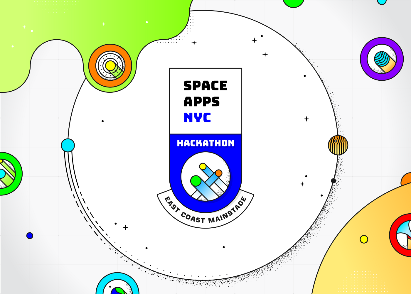 Space Apps NYC Hackathon badge illustration with orbiting planets