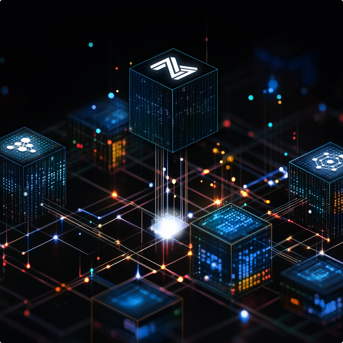 Glowing digital cubes connect across a dark network grid.