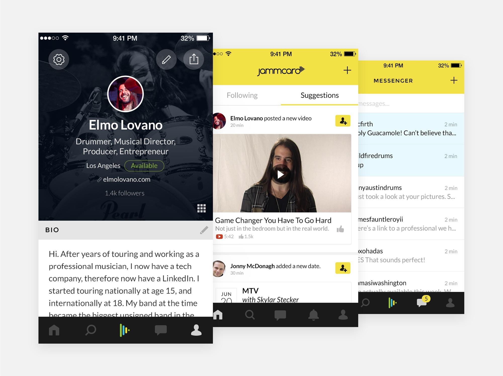 Three mobile app screens showing a music profile, feed, and messages
