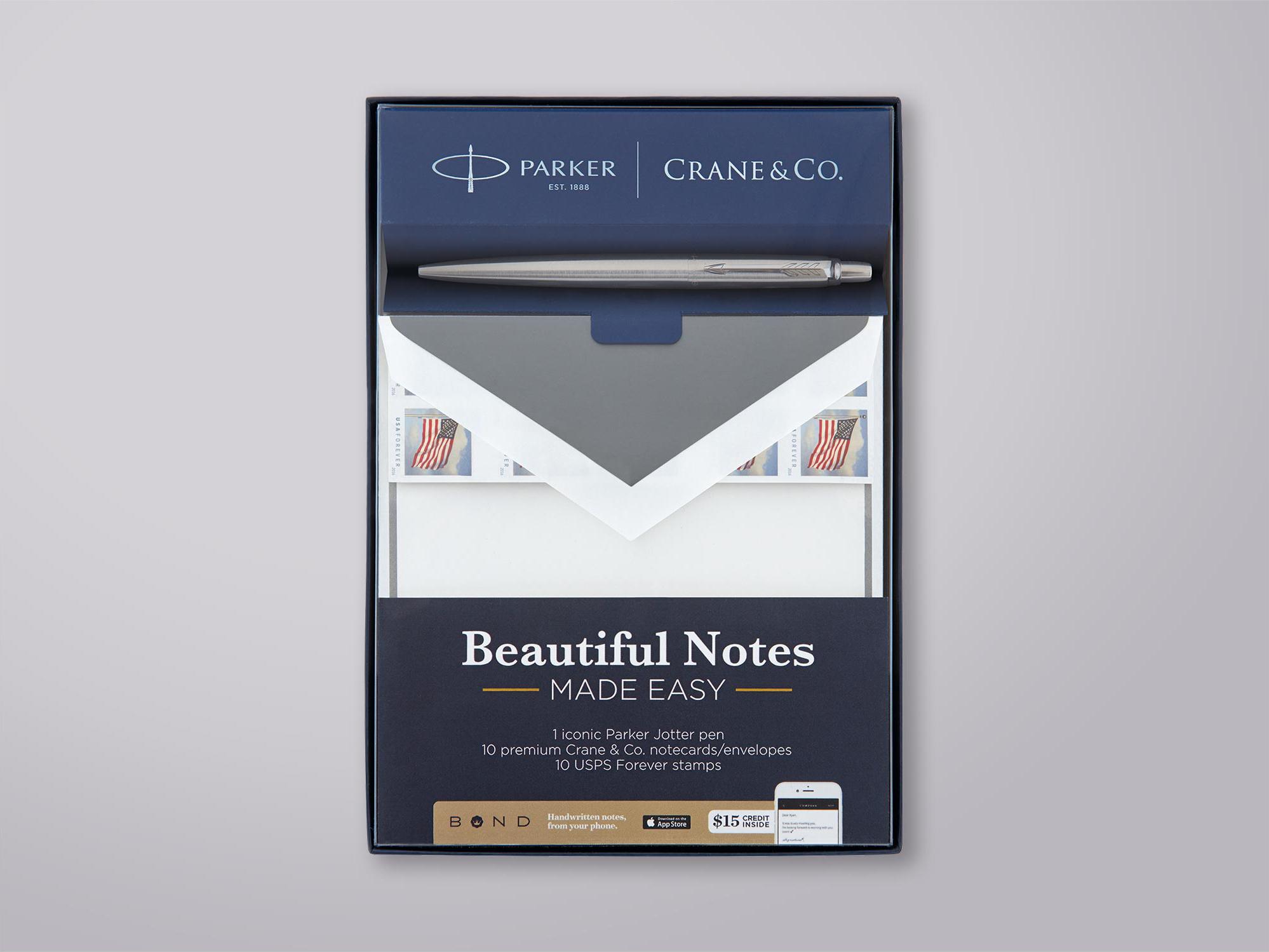 Parker and Crane & Co. "Beautiful Notes Made Easy" boxed set with pen, notecards and stamps