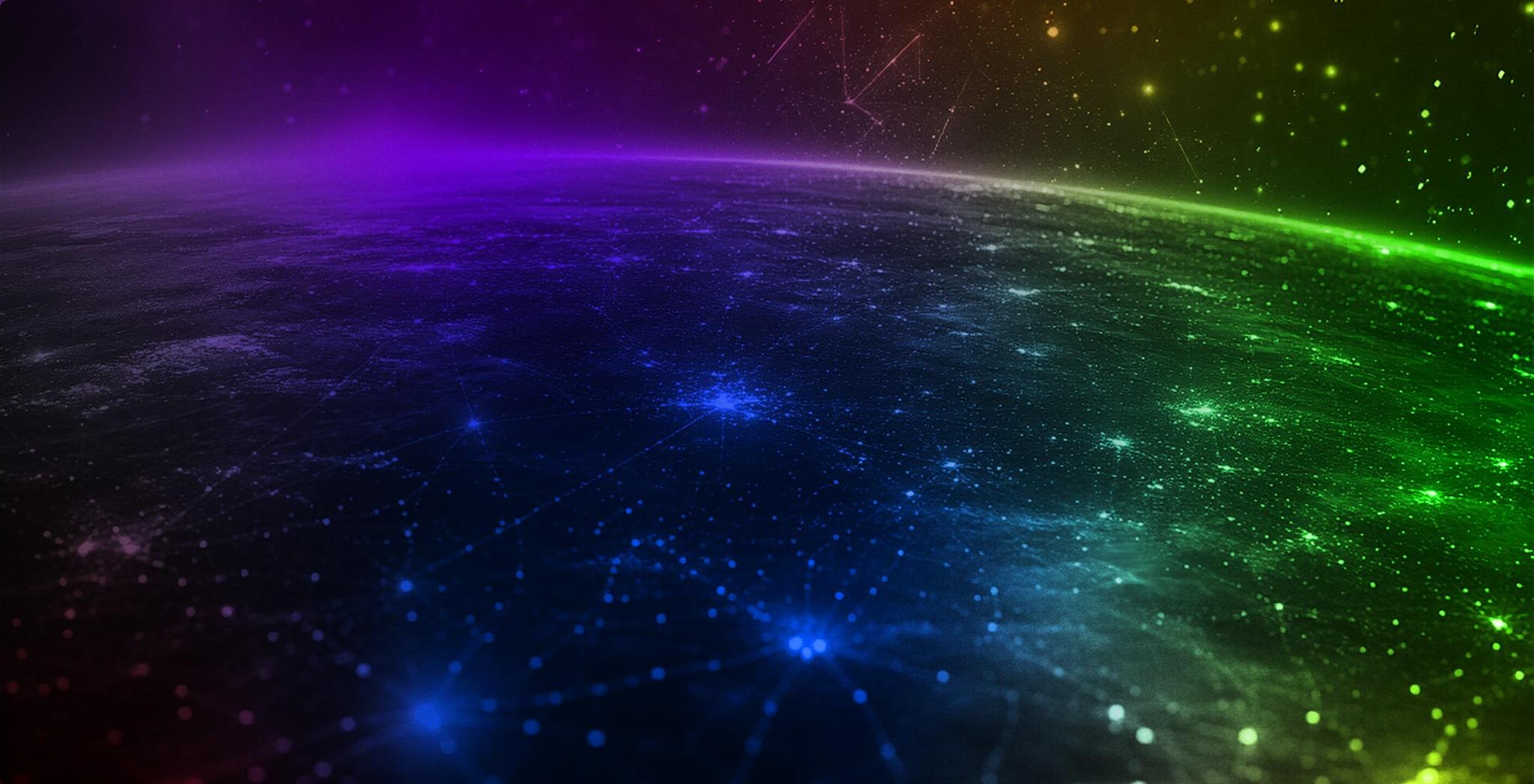 Digital network lights across a planet-like horizon