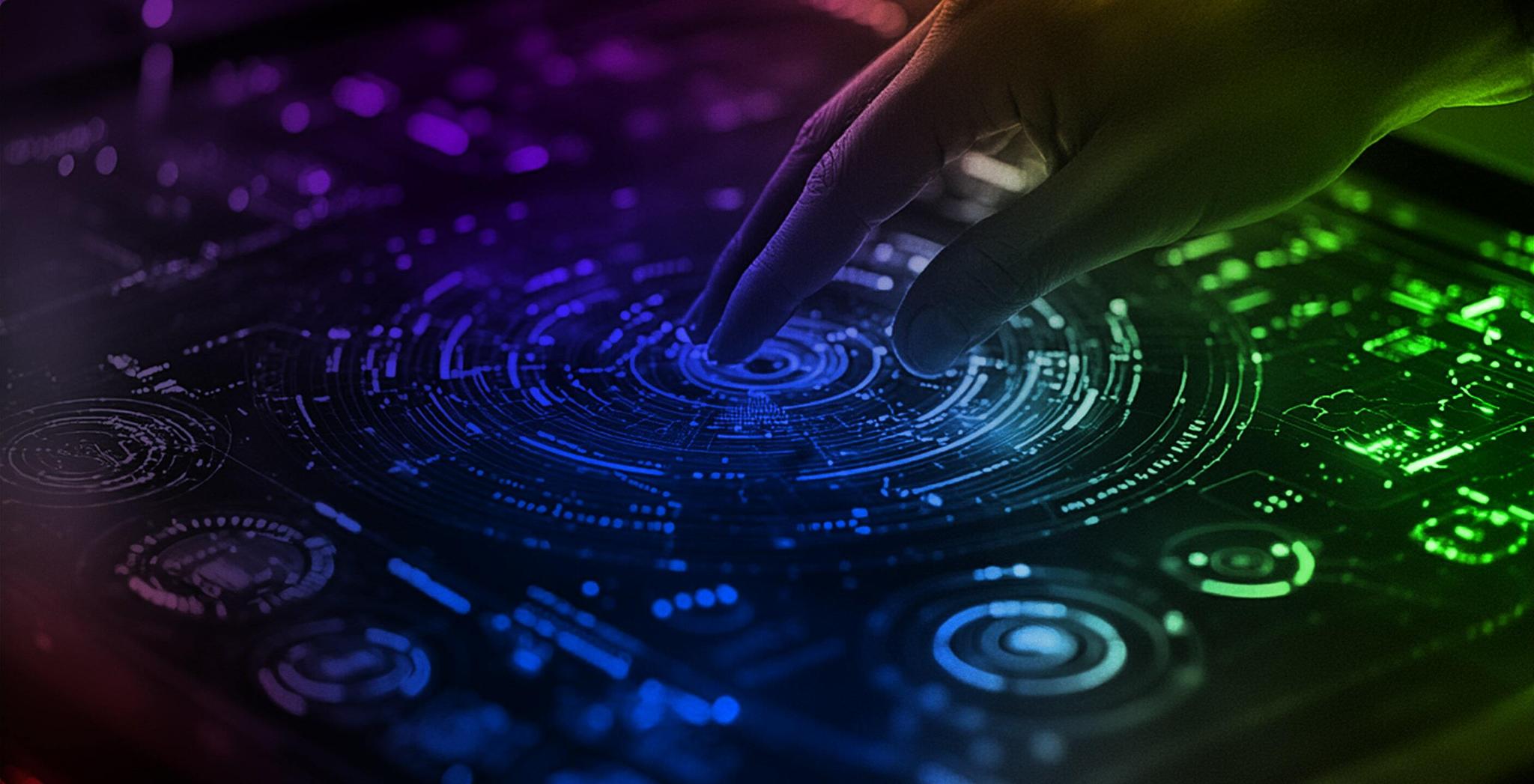 Fingers interacting with a colorful futuristic touchscreen interface