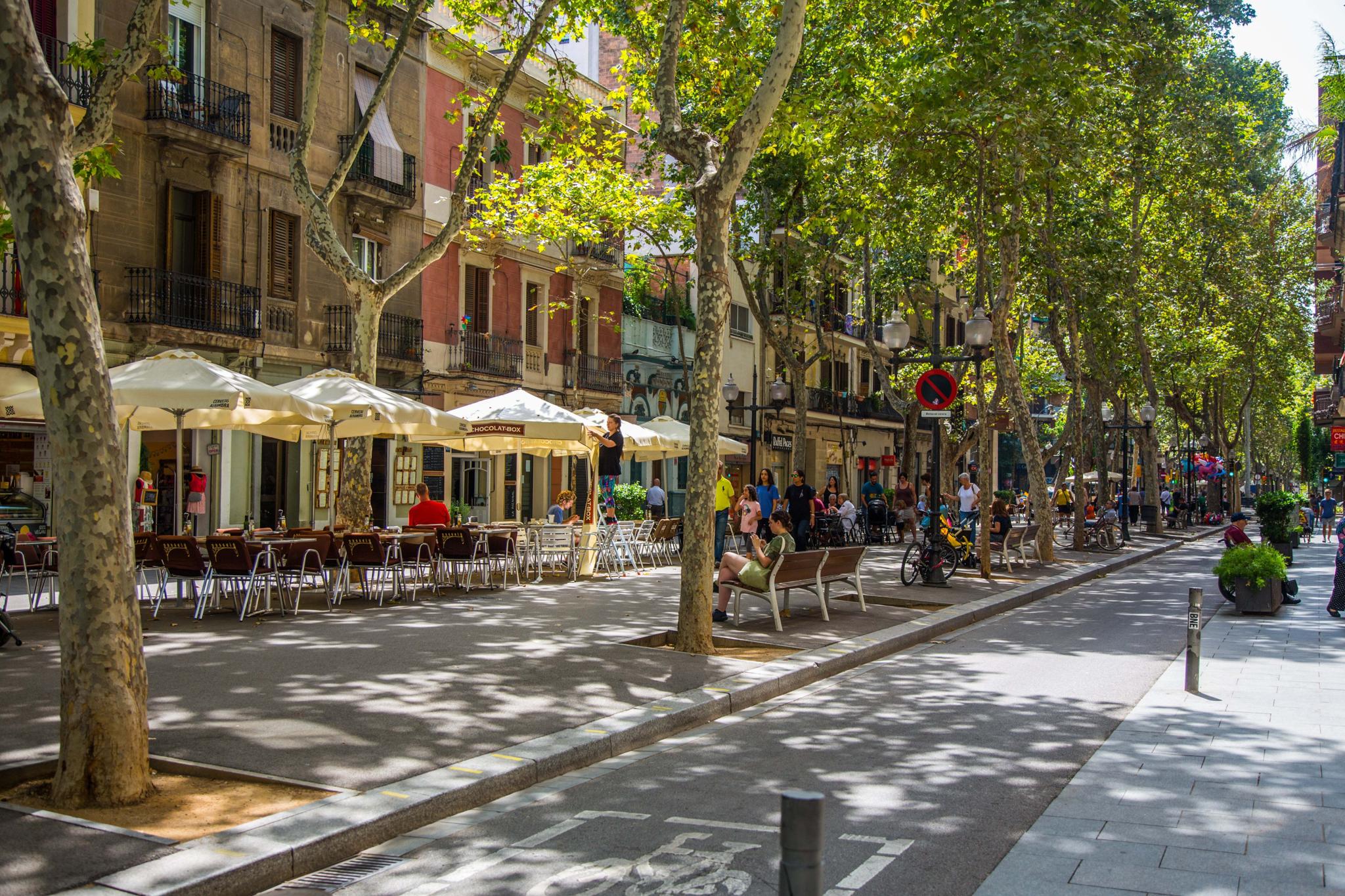 Tree-lined pedestrian street with outdoor cafe tables and benches
