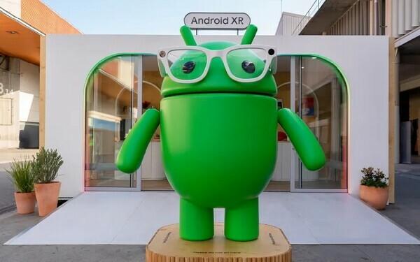 Green Android mascot wearing white glasses outside an Android XR storefront