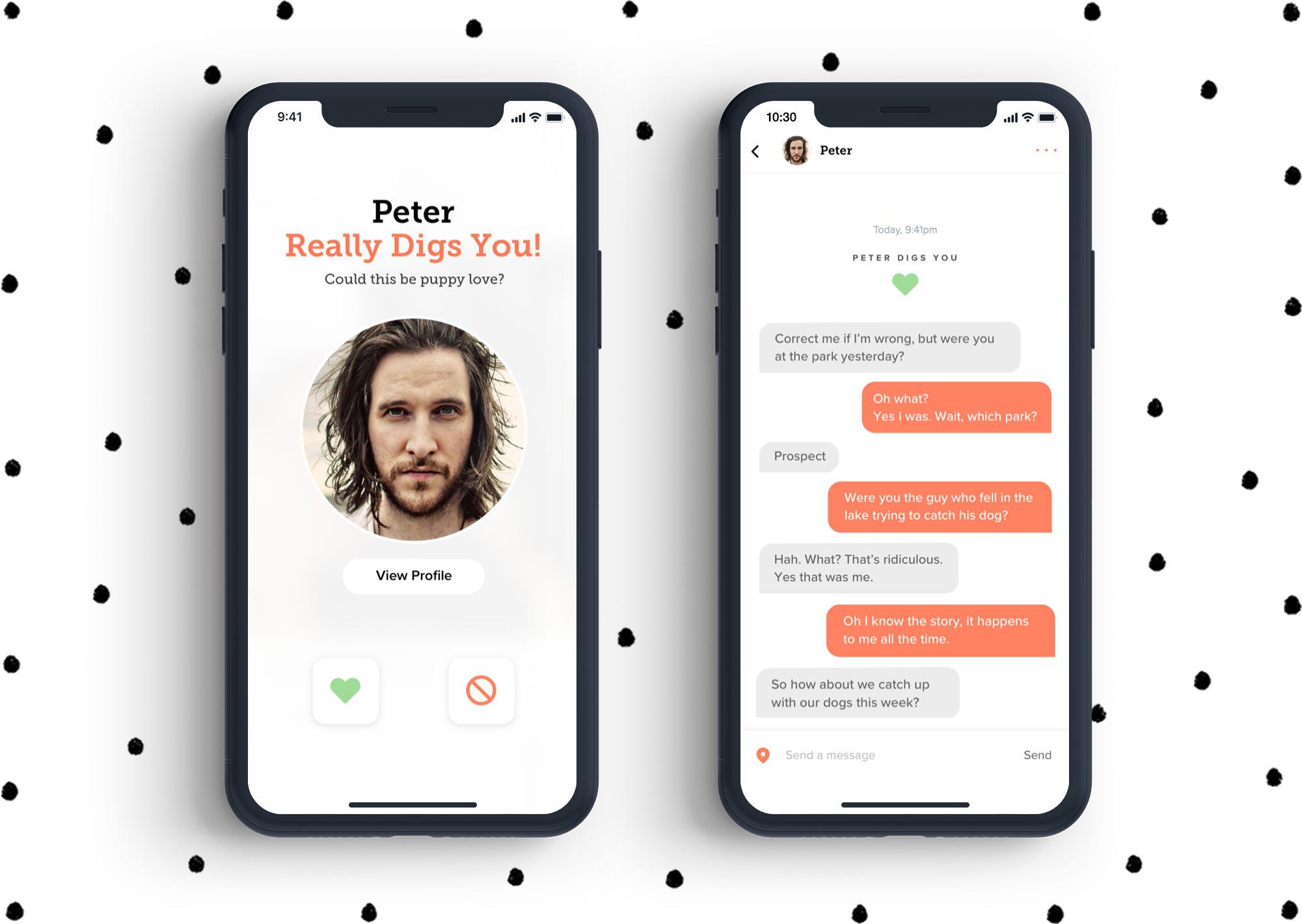Two dating app screen mockups on a dotted background