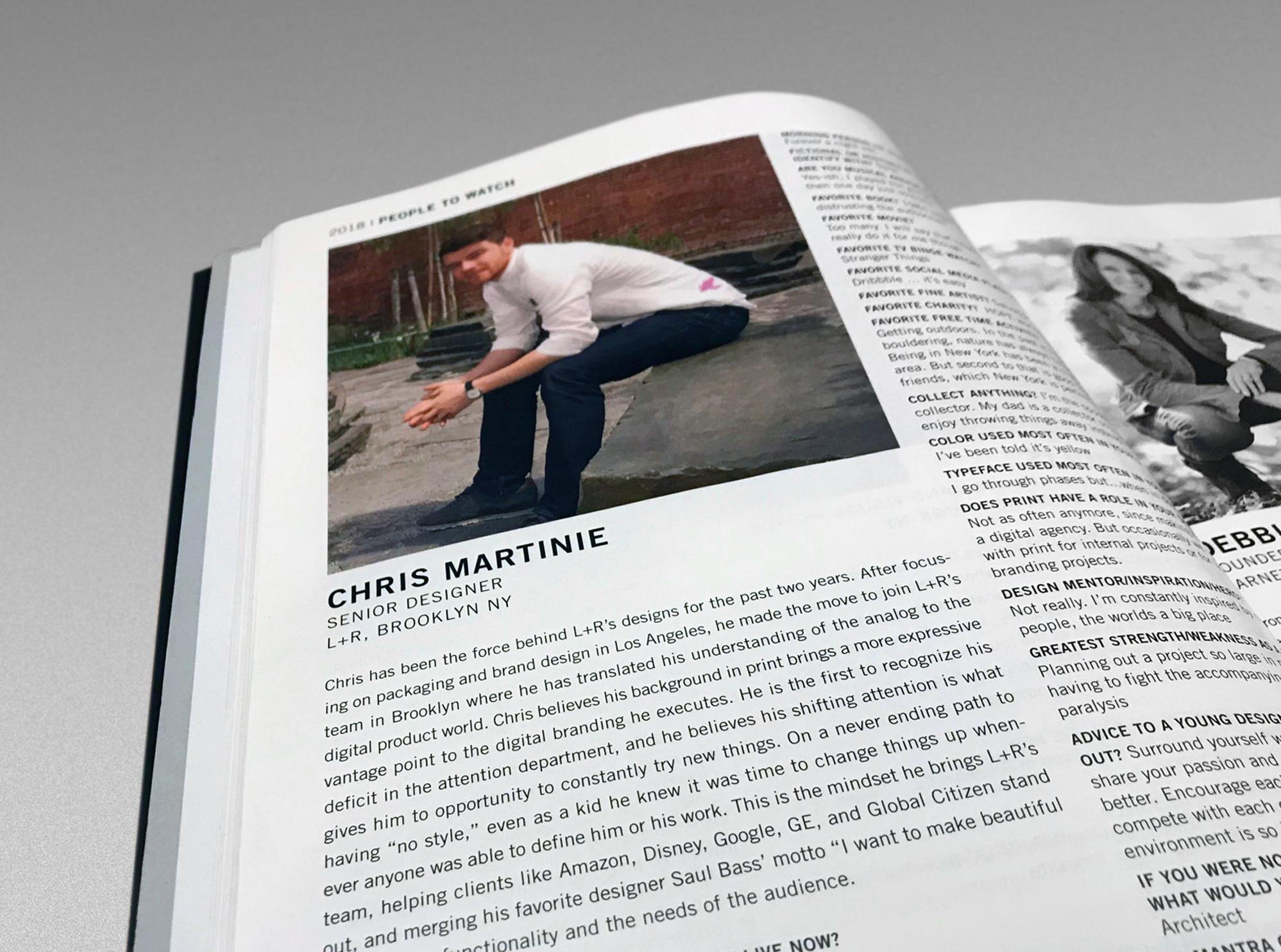 GDUSA People to Watch spread profiling Chris Martiníe, Senior Designer at L+R