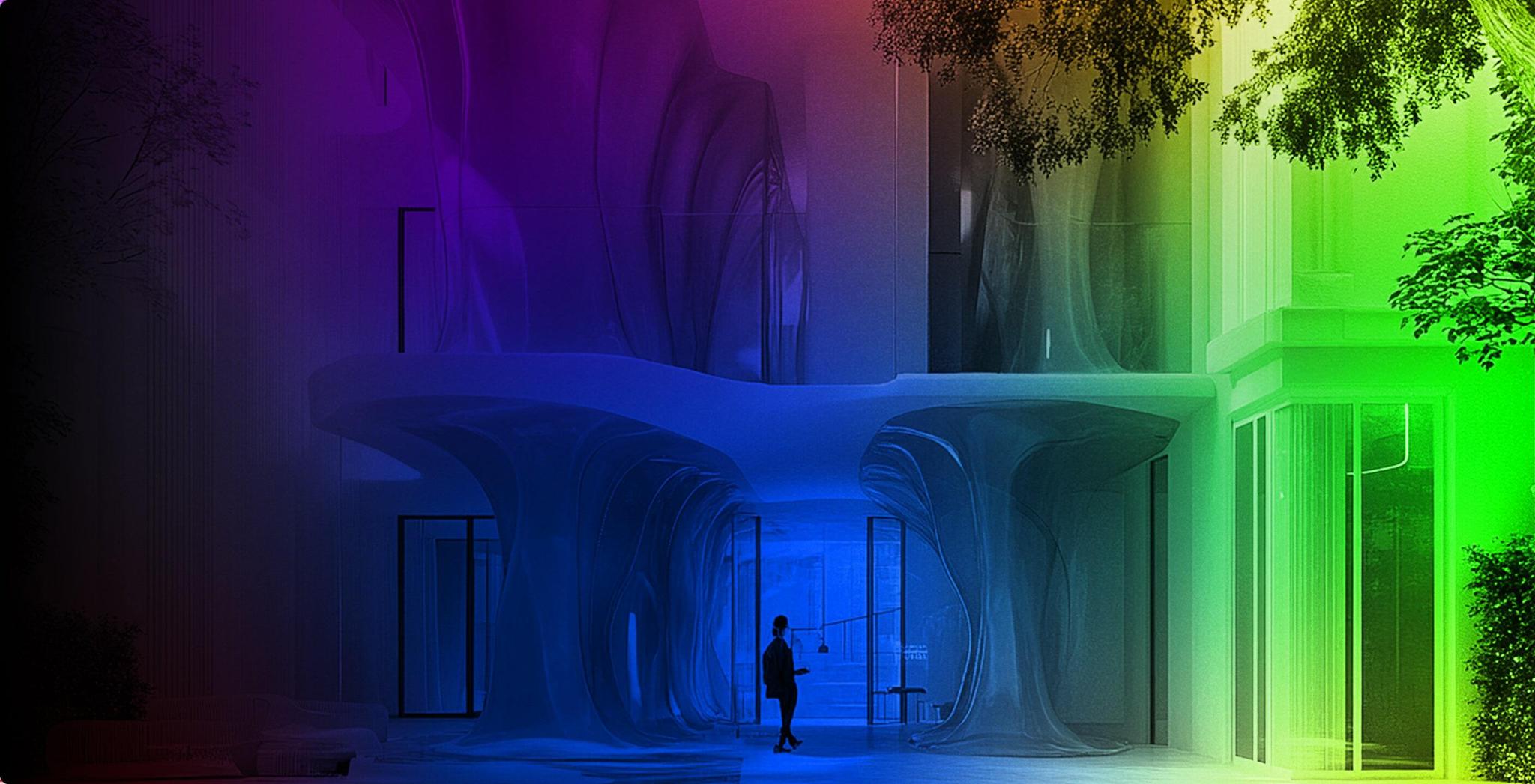 Futuristic building entrance with a small person standing outside