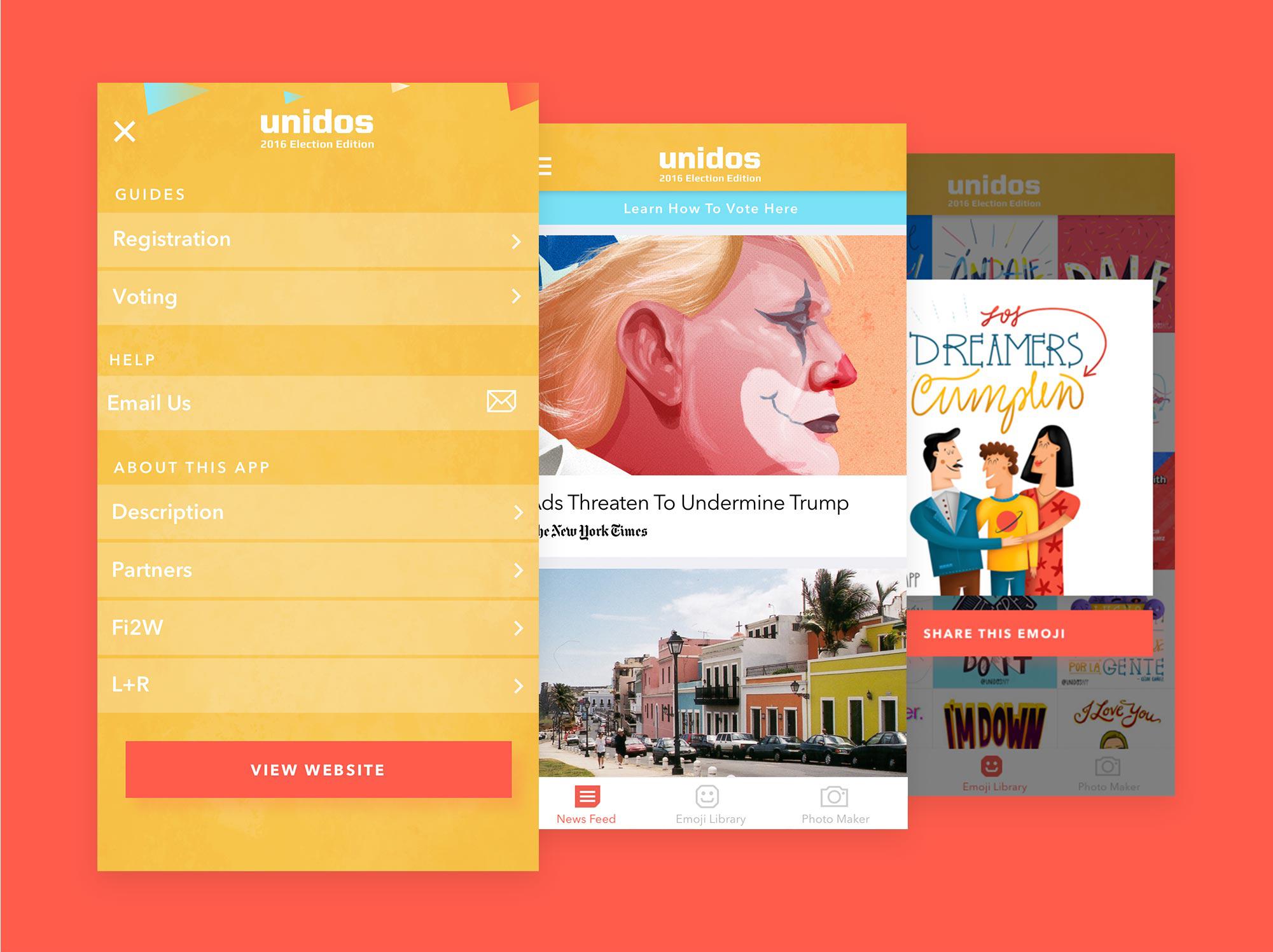 Unidos app screen mockups on a coral background