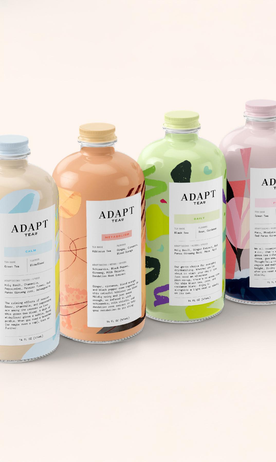 Four colorful Adapt Tea bottled drinks