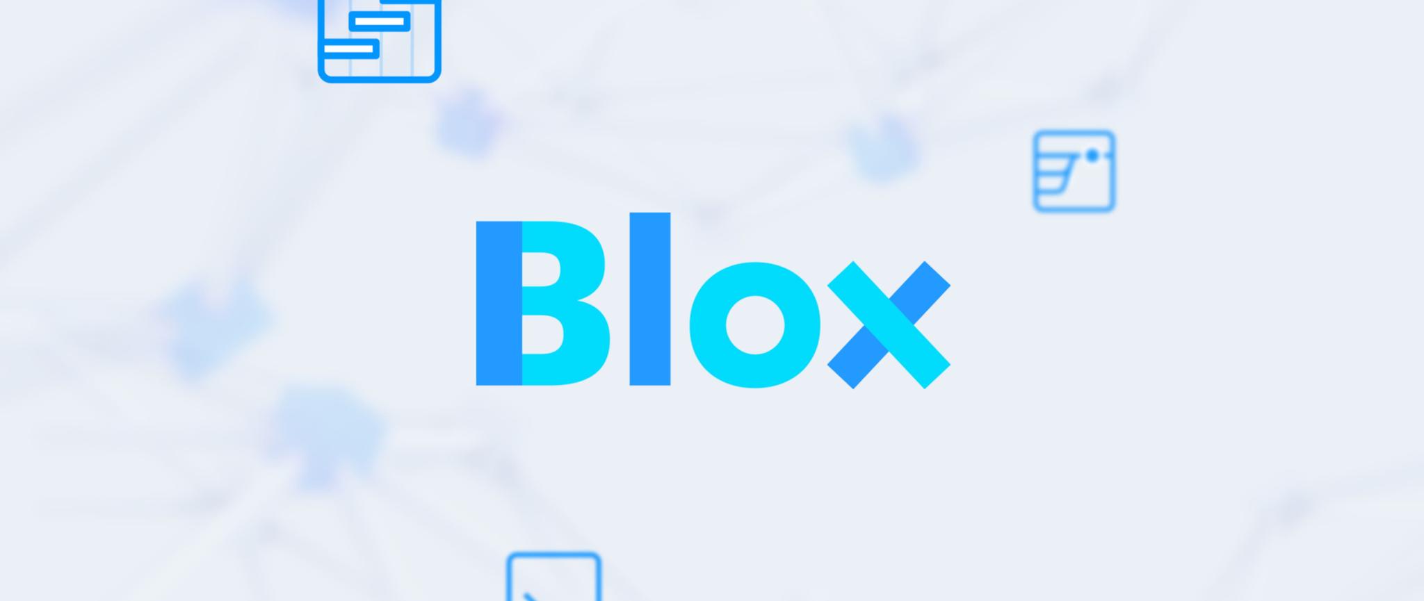 Blue Blox wordmark on a pale network-pattern background
