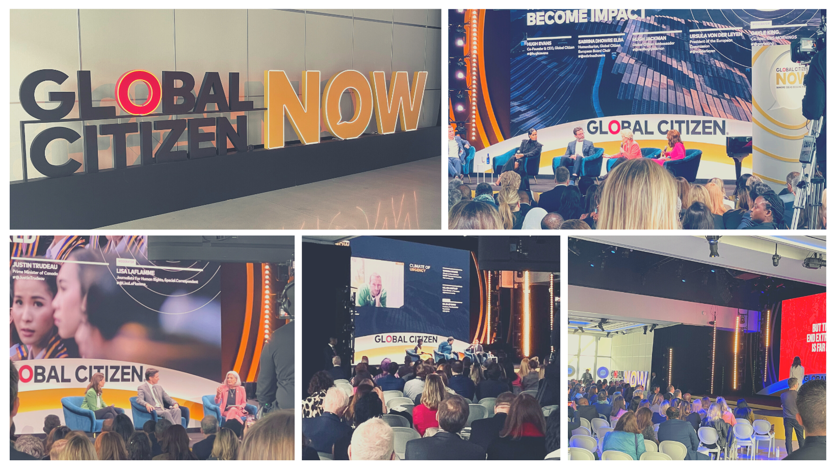 Collage of Global Citizen NOW conference signage and panel sessions