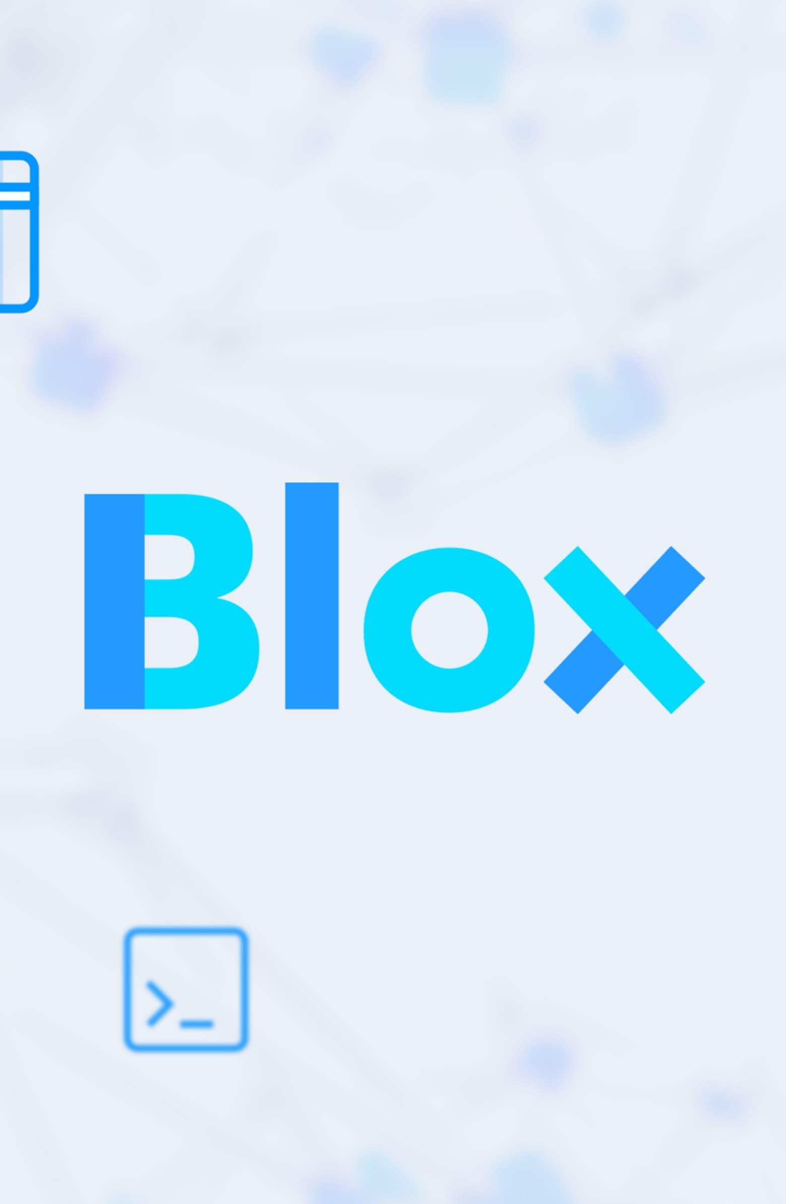 Close-up of the blue Blox wordmark with small interface icons