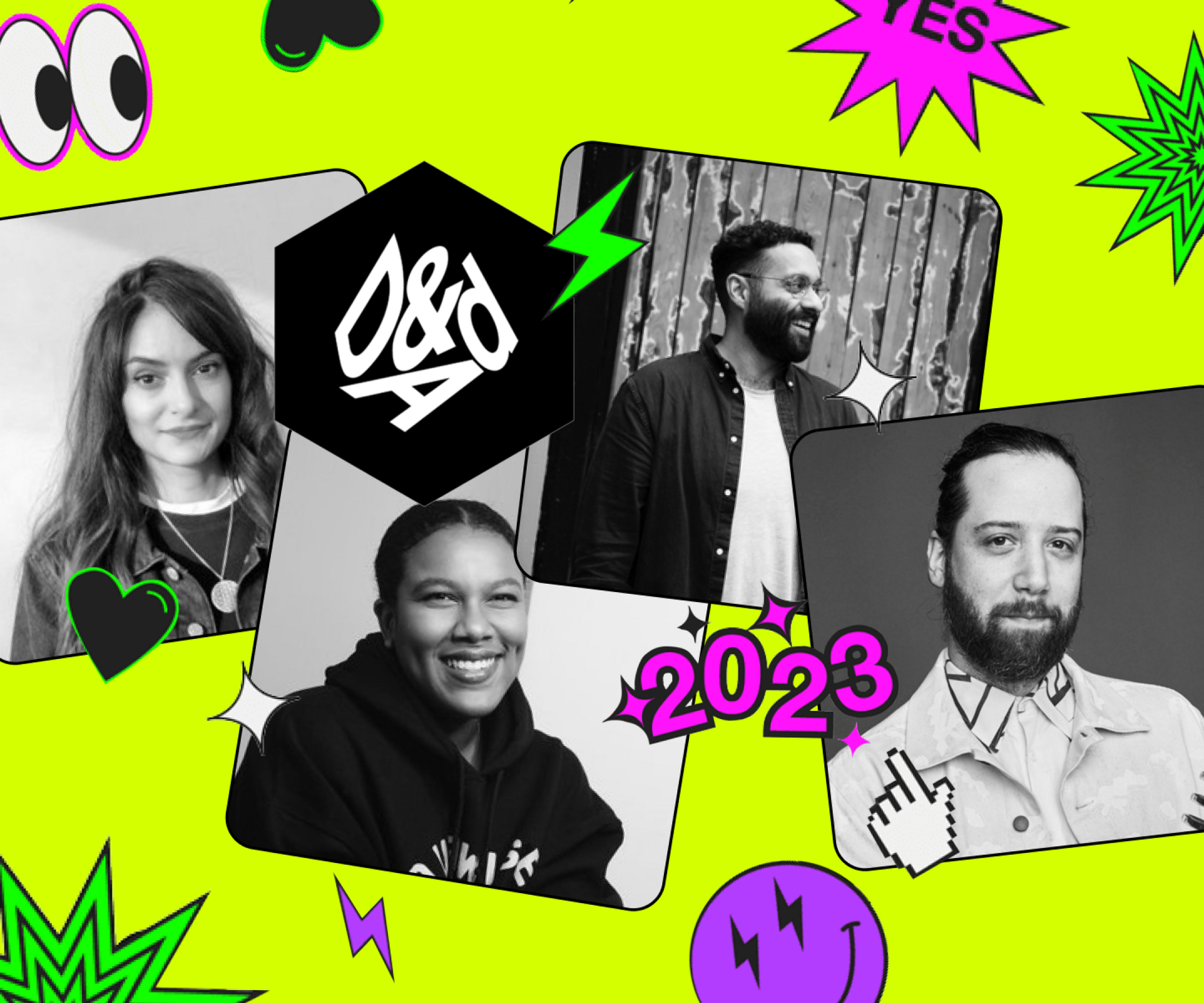 D&AD 2023 collage with four black-and-white portraits on bright green comic-style background