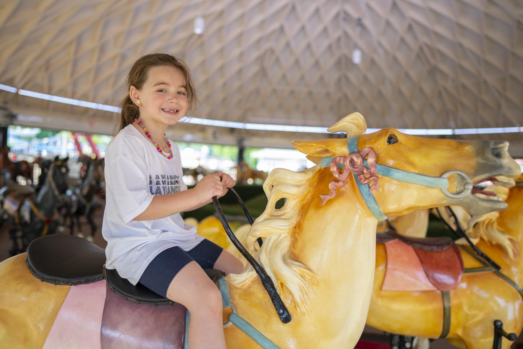 Child riding a carousel horse under a pavilion