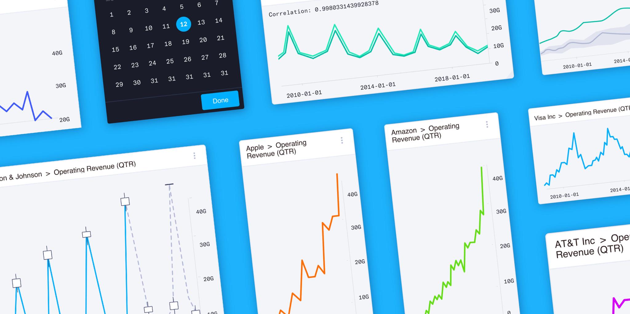 Dashboard cards with line charts and a calendar on a blue background