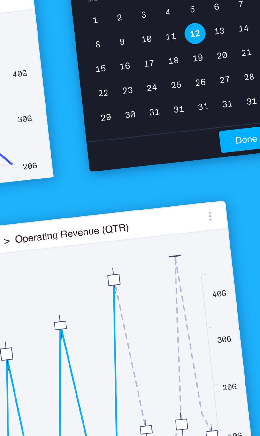 Dashboard UI with date picker and operating revenue chart on a blue background