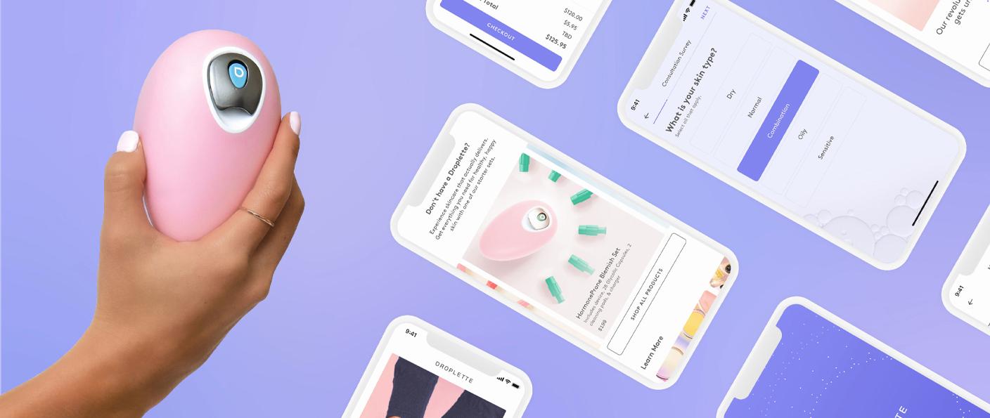 Hand holding a pink device with floating mobile app screens