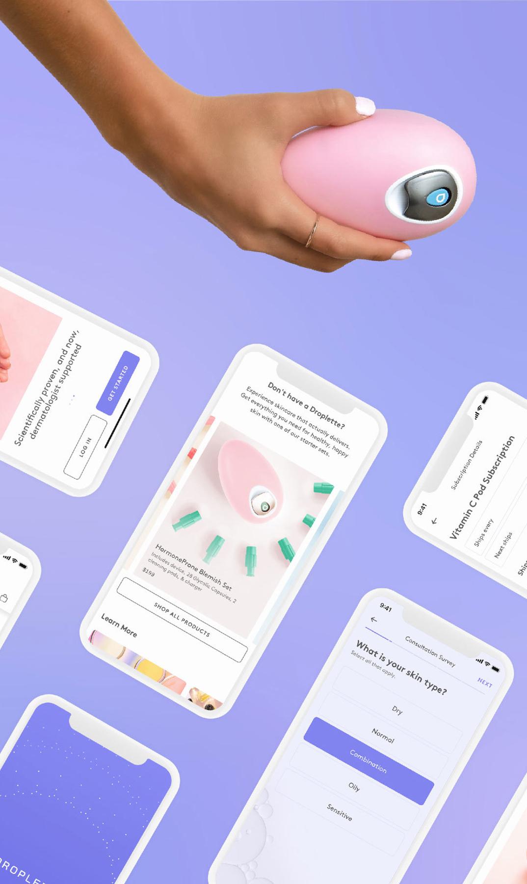 Hand holding a pink skincare device surrounded by Droplette app screens