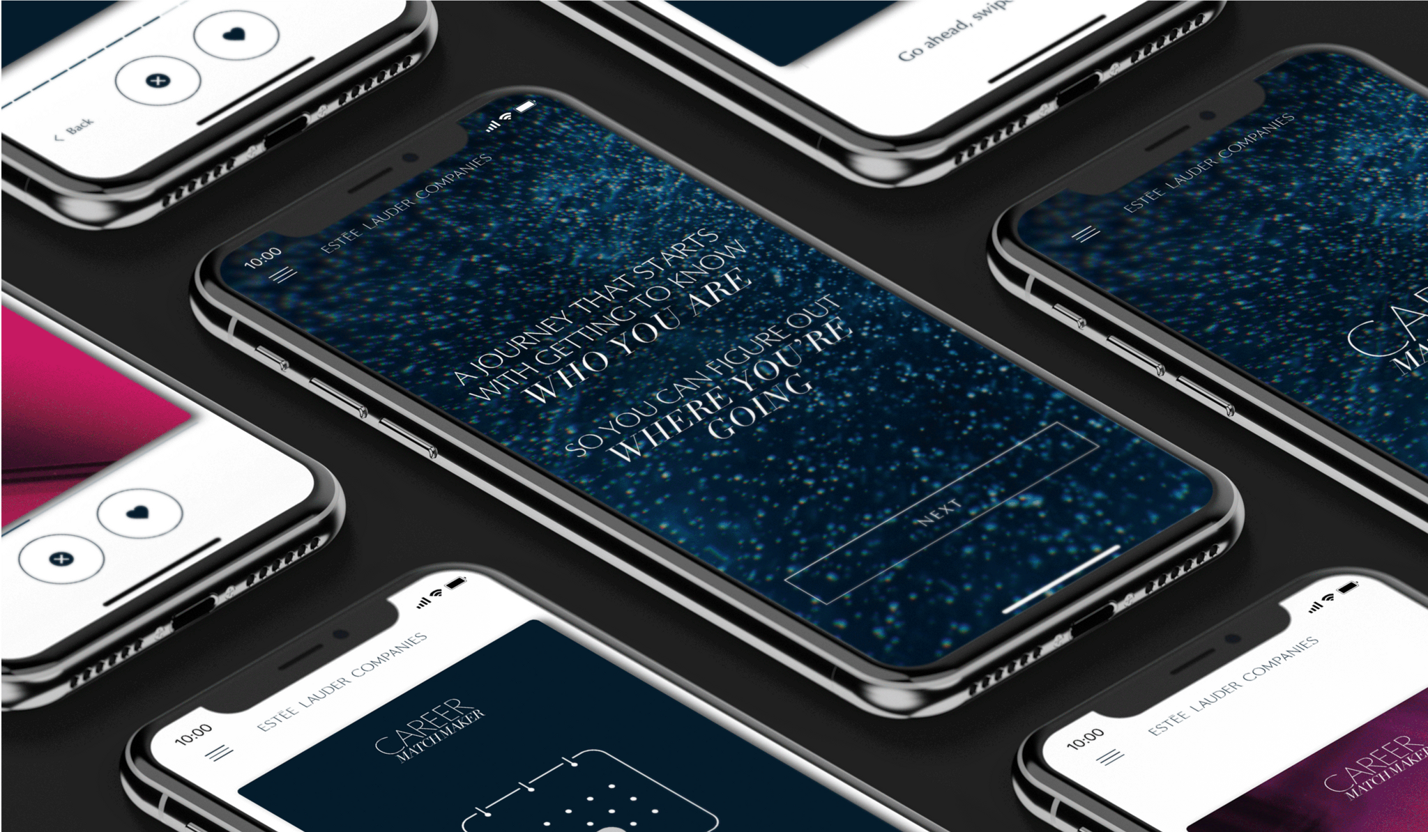 Multiple smartphone mockups showing app screens