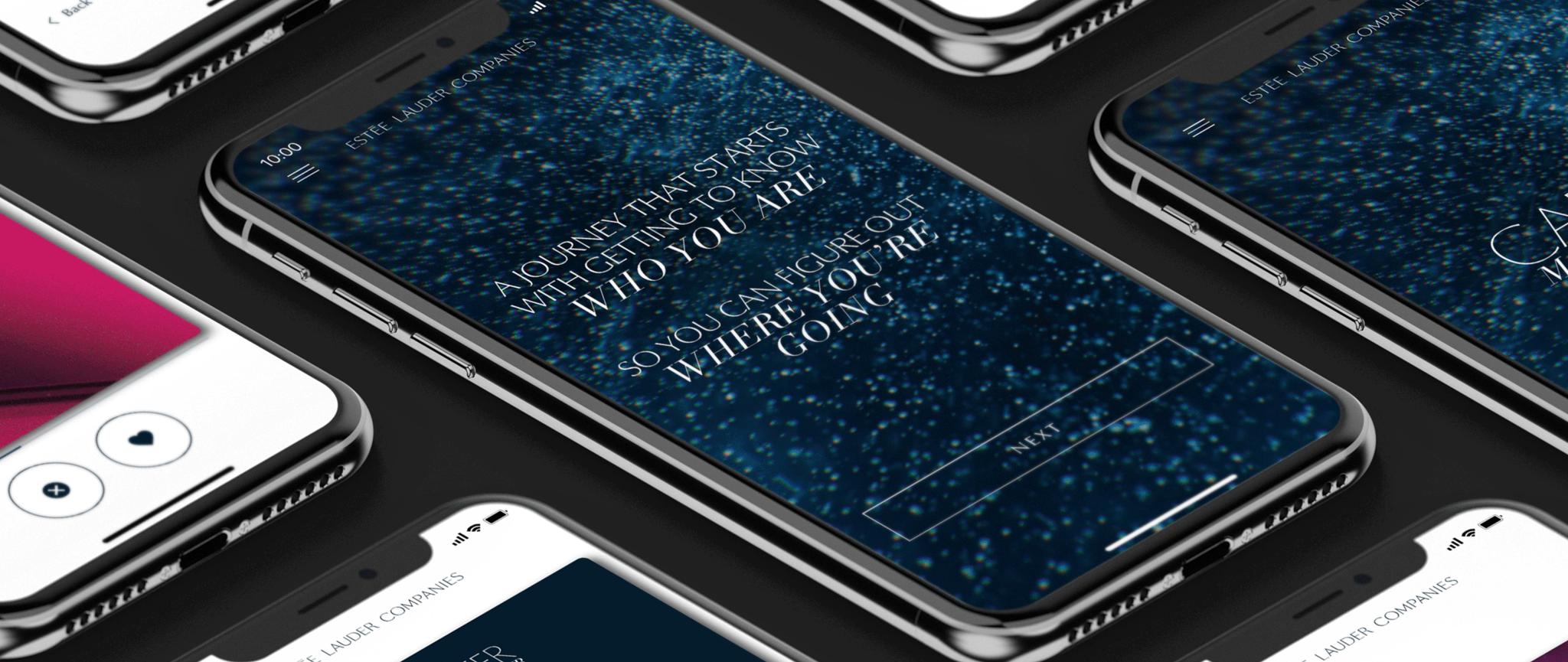 Multiple angled phones displaying app onboarding screens
