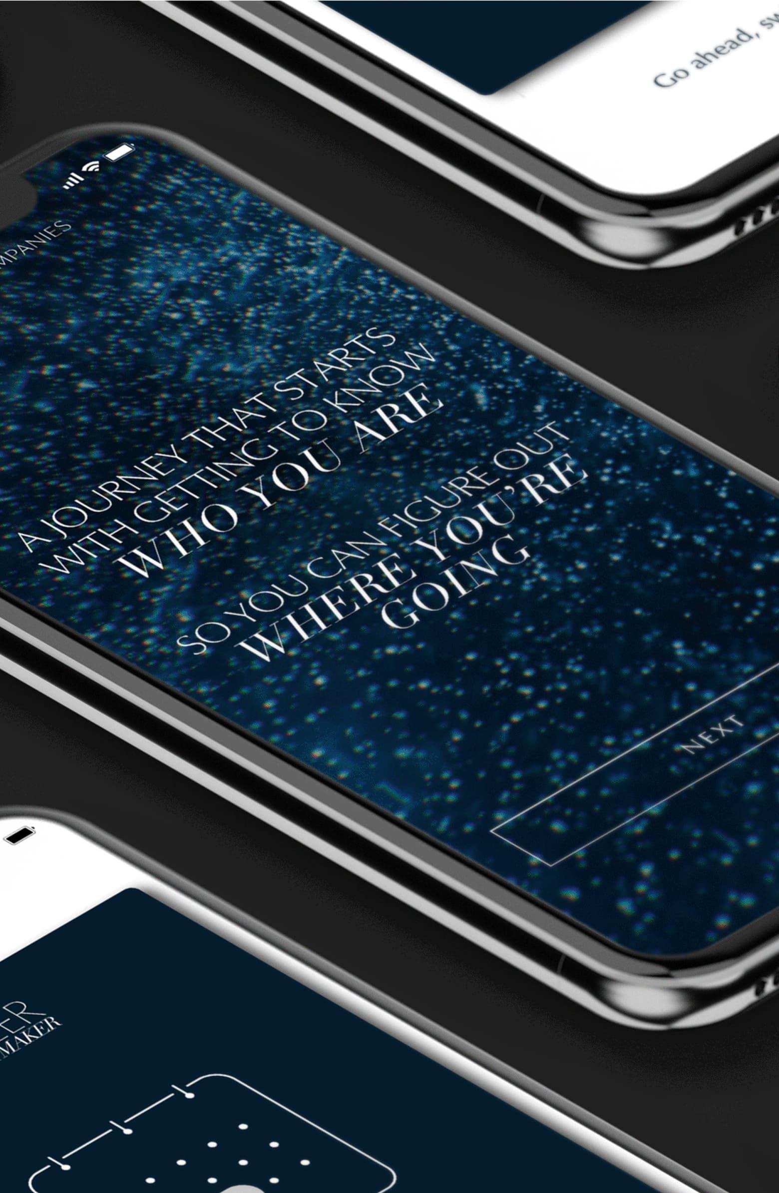 Angled phones showing an onboarding screen with blue particle background