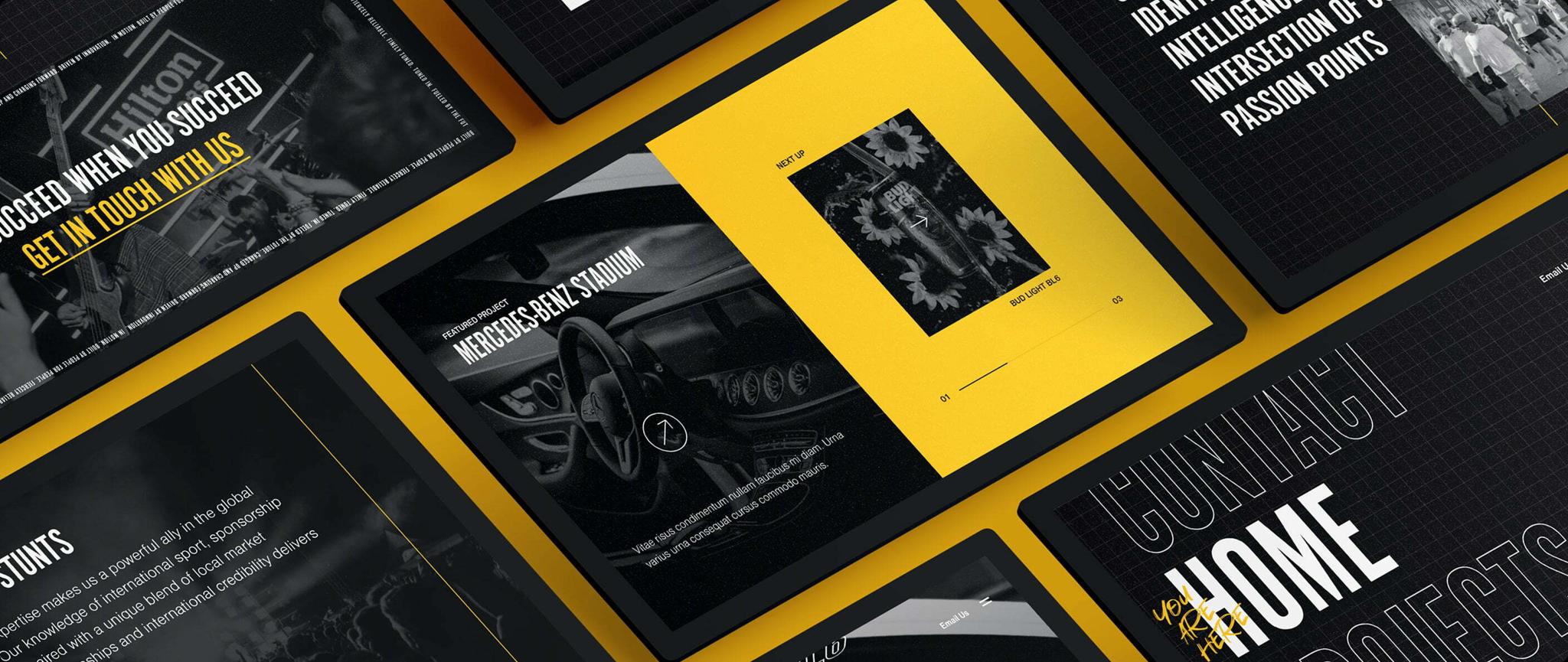 Collage of angled EngineShop tablet website screens with black and yellow design