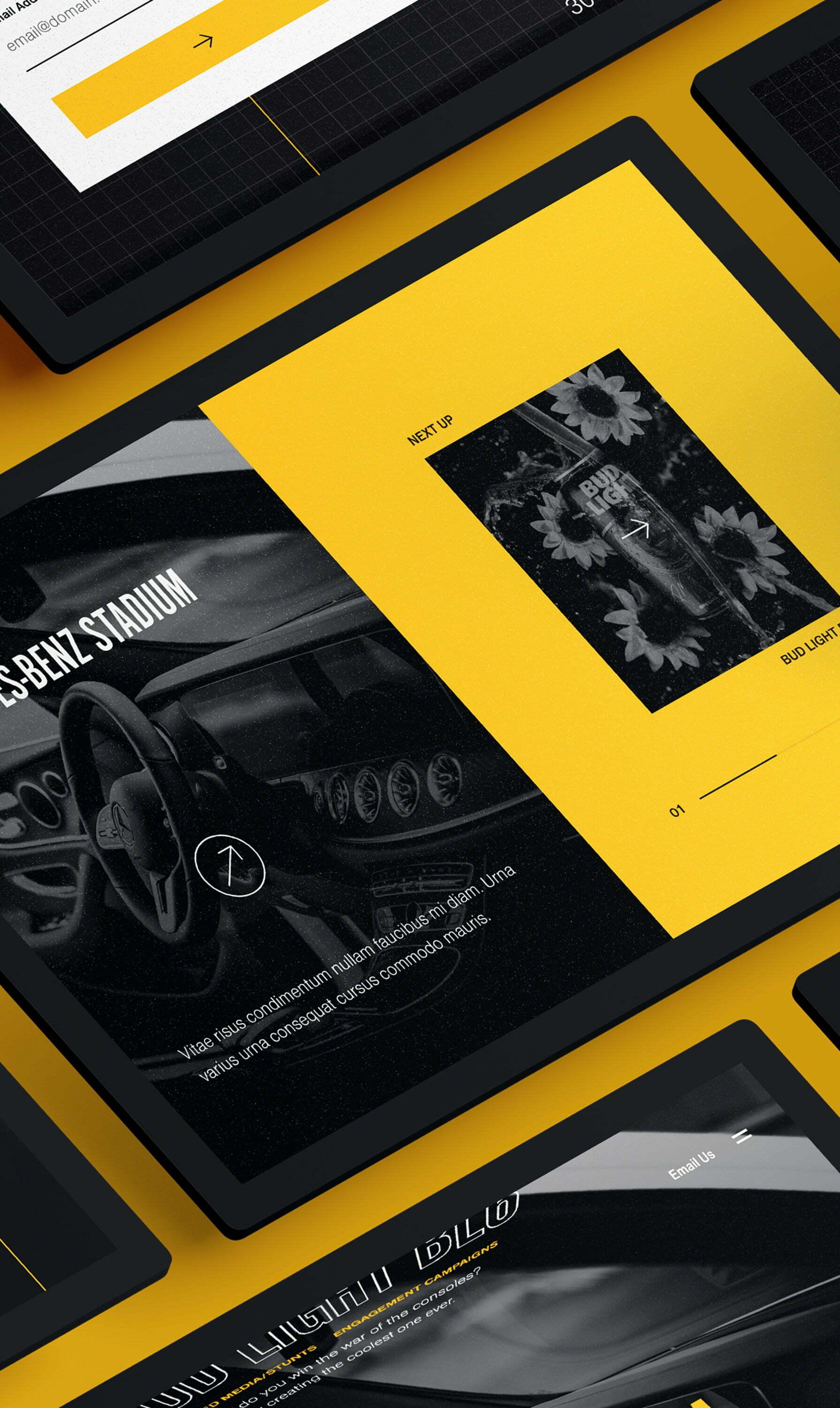 Angled tablet mockups of EngineShop project pages on a yellow background